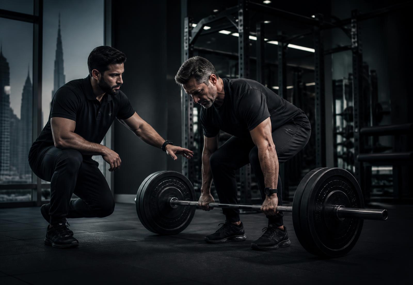 Coach supervising a controlled barbell lift in a strength training facility